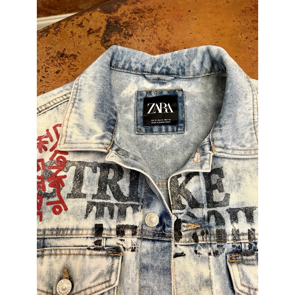 ZARA Women's Y2K Graffiti Artist Distressed Denim Jean Jacket Medium - Picture 2 of 11